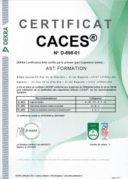 AST FORMATION CERTIFIE POUR DELIVRER LES CACES® 2020 EN: R 482, R 486, 489