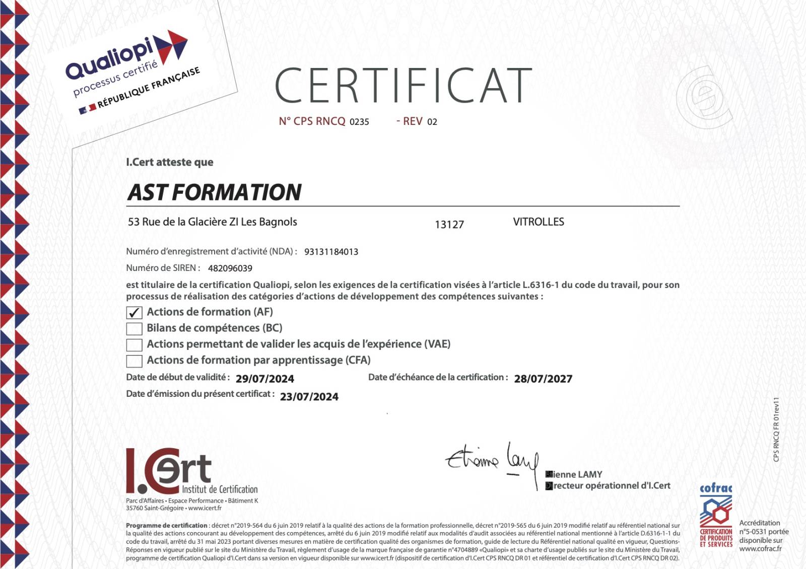 Certification QUALIOPI  au titre de la catégorie d'action suivante : actions de formation