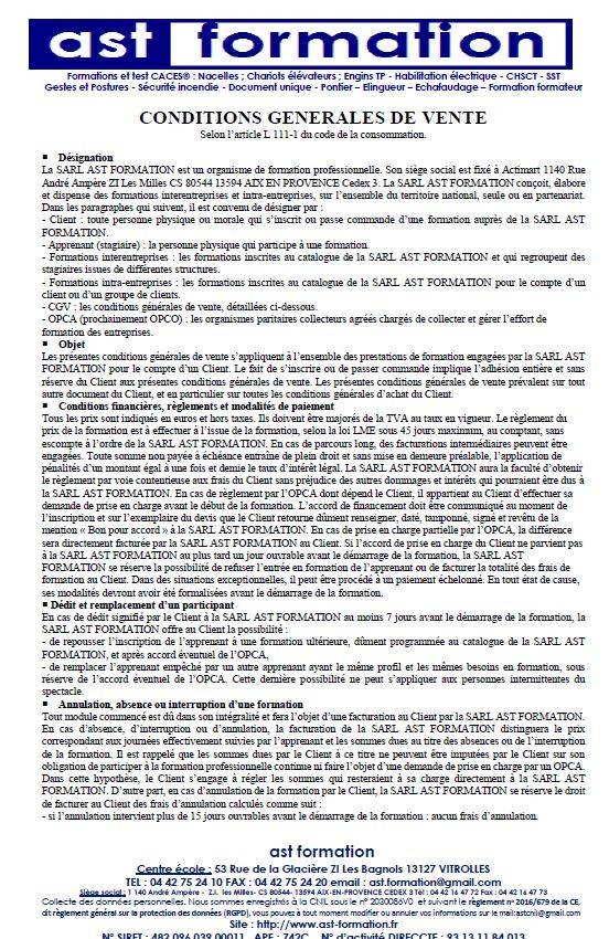 Les Conditions Générales de Vente (CGV) AST FORMATION