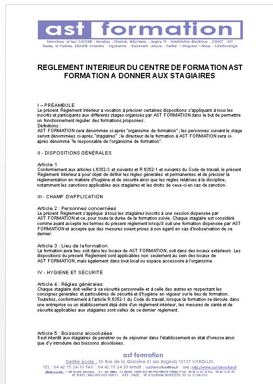 REGLEMENT INTERIEUR STAGIAIRES AST FORMATION